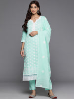 Thumbnail for Varanga Women Sea Green Thread Embroidered Straight Kurta With Bottom And Dupatta - Distacart