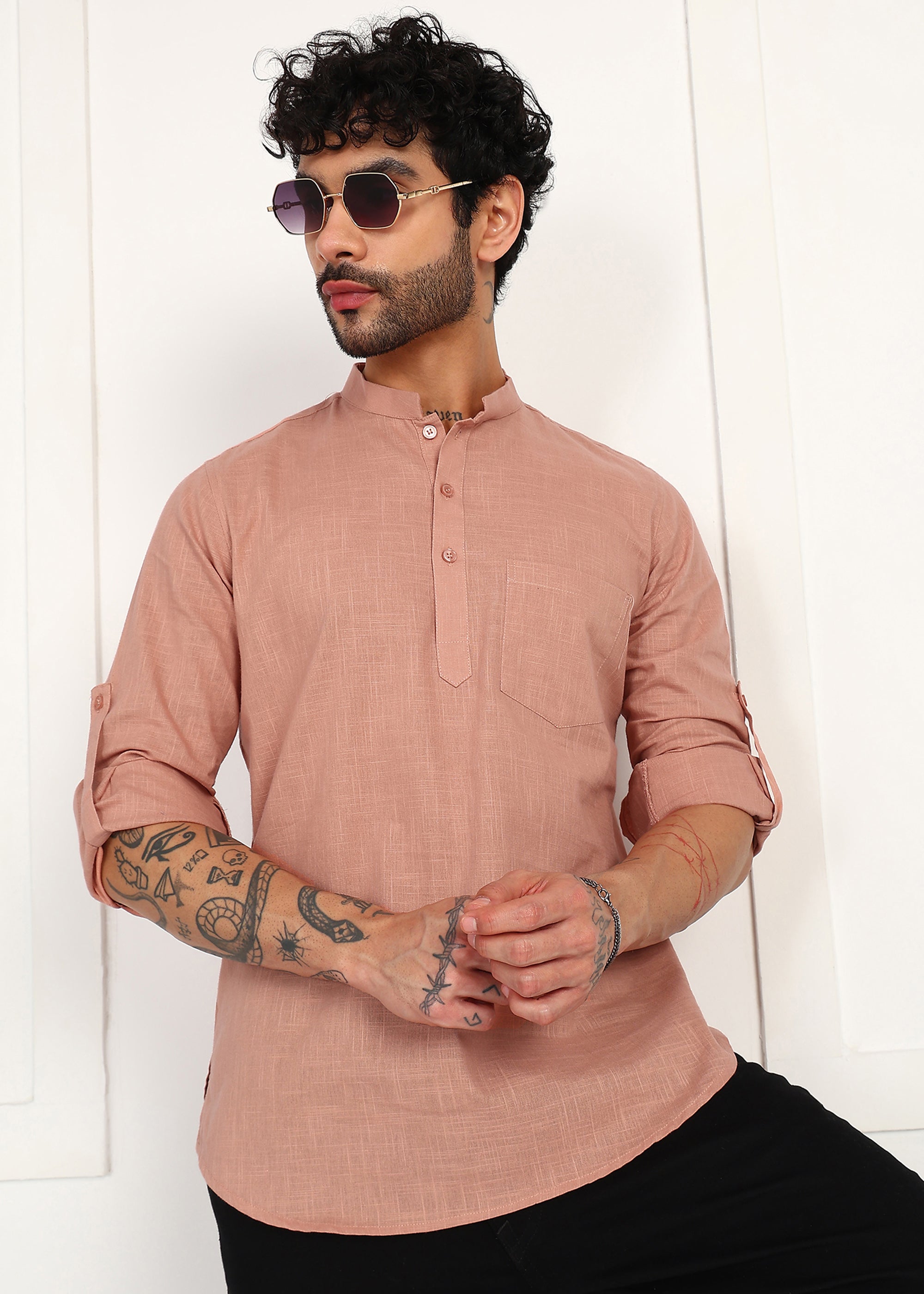 Fabmade Men’S Peach Linen Short Kurta - Distacart
