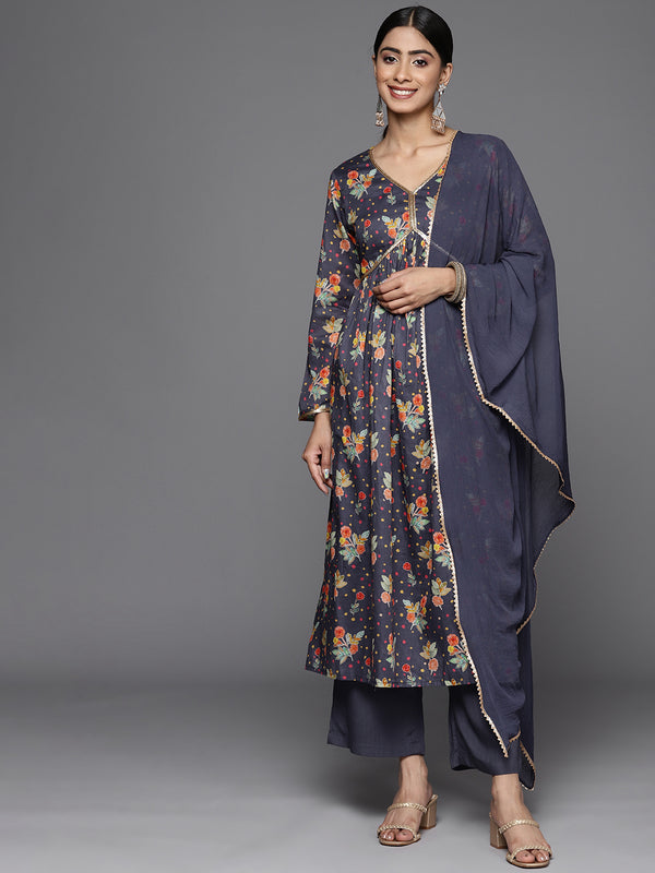 Varanga Women Violet Sequin Embellished V-Neck A-Line Kurta Paired With Tonal Bottom Amd Dupatta - Distacart