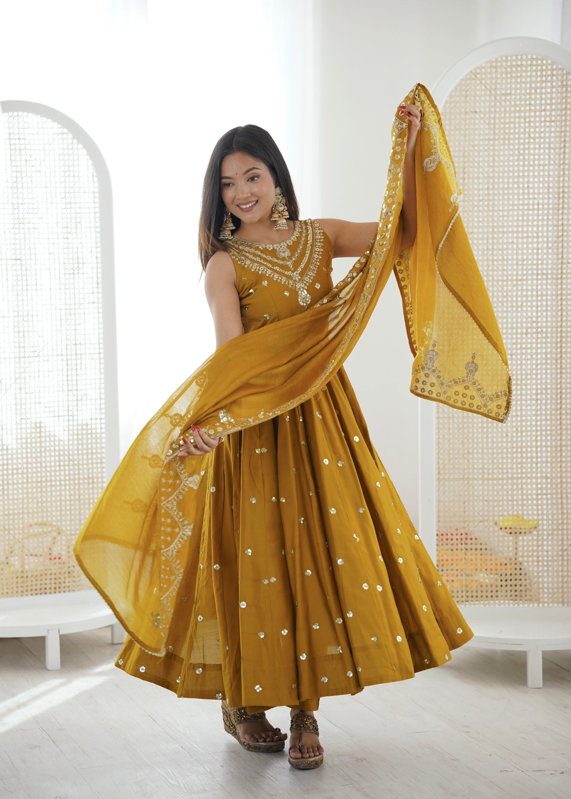 Anaita Mustard Silk Readymade Anarkali Suit with Embroidery & Sequence Work - Dista