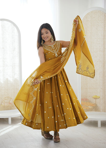 Anaita Mustard Silk Readymade Anarkali Suit with Embroidery & Sequence Work - Dista