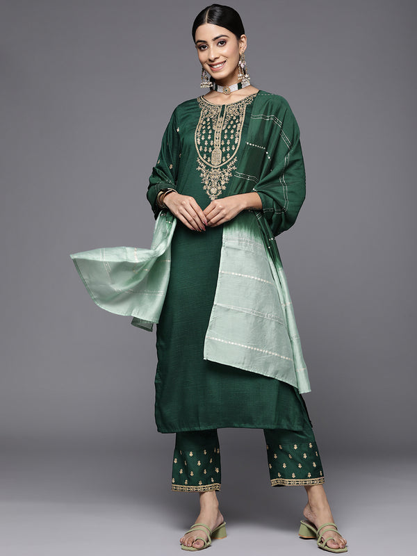 Varanga Green Embroidered Kurta With Embroidered Trouser And Ombre Dupatta - Distacart