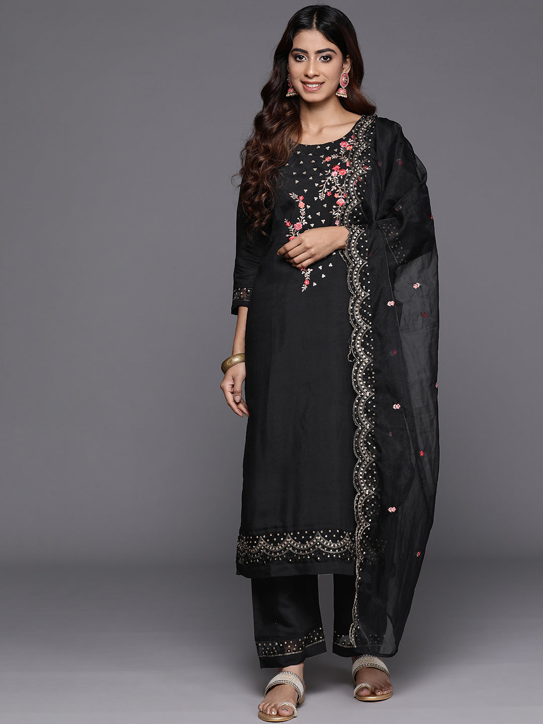 Varanga Women Black Thread And Sequins Embroidered Kurta With Bottom And Dupatta - Distacart