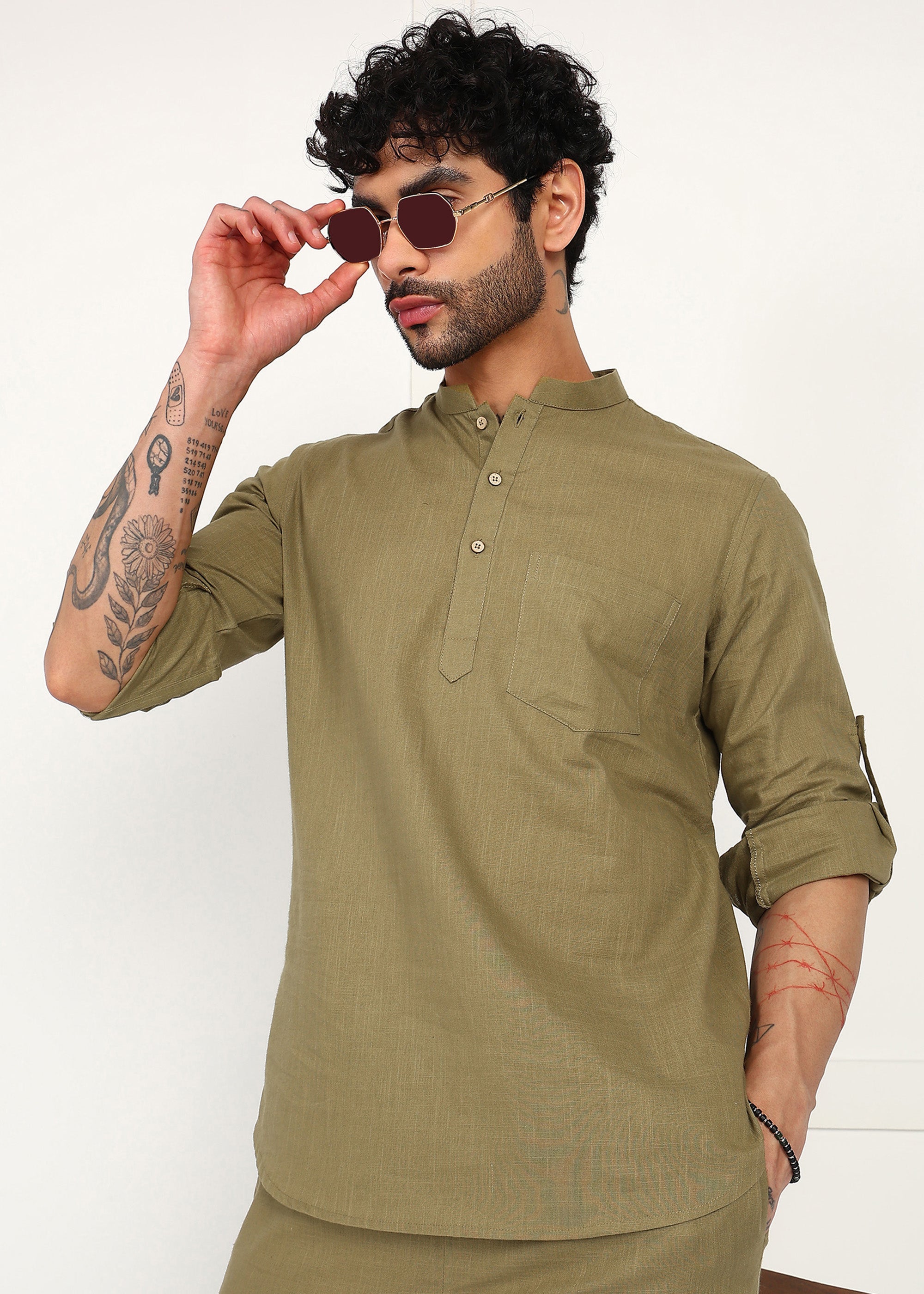 Fabmade Olive Dune Linen Short Kurta Co-Ord Set - Distacart
