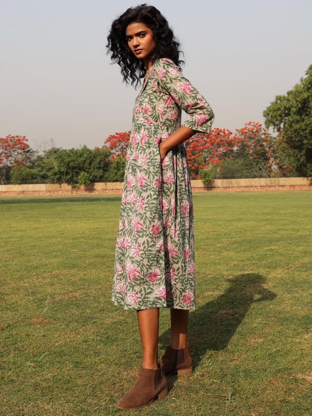trueBrowns Sage Cotton Block Print Lapel Collared Dress - Distacart
