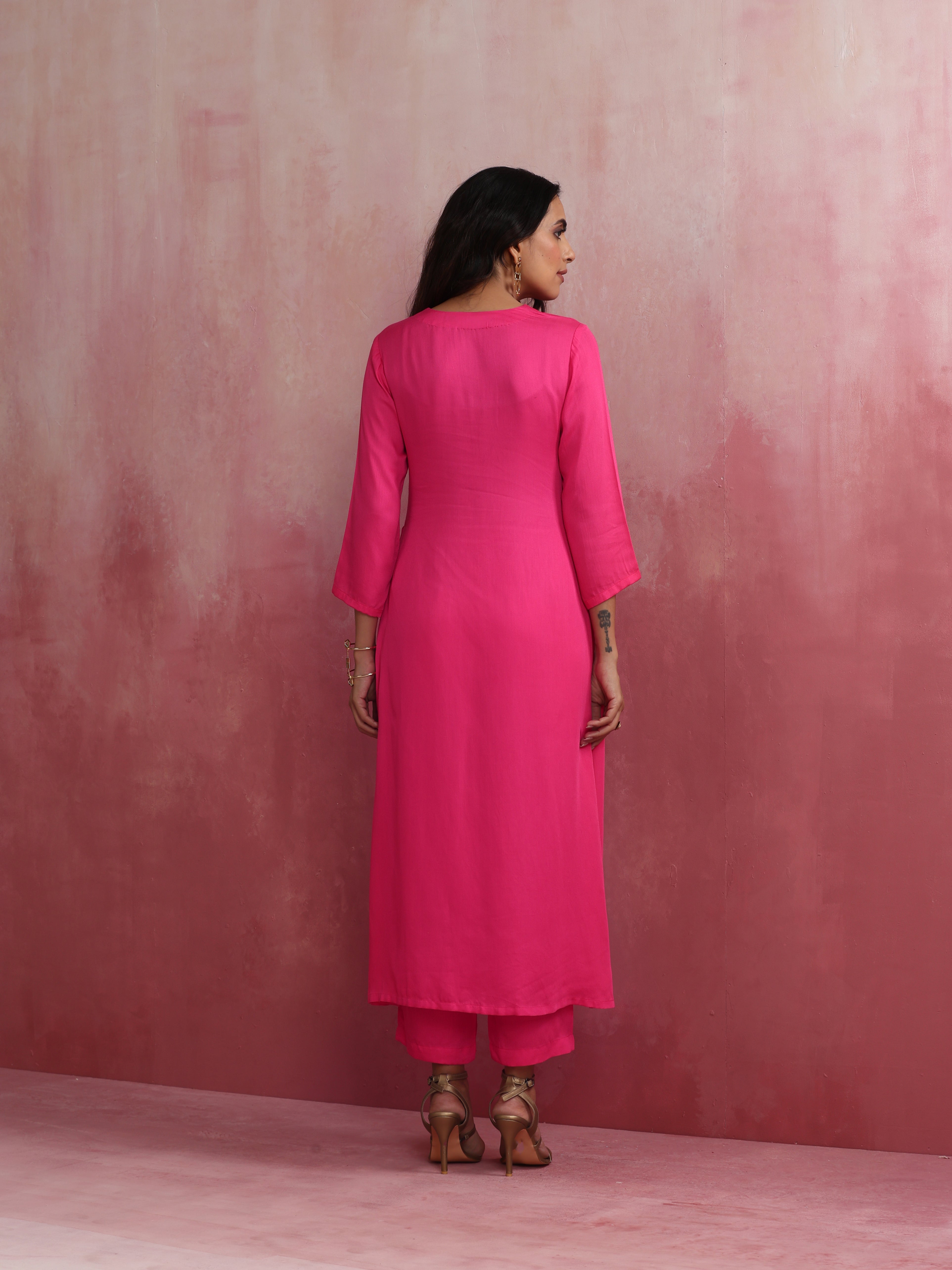 trueBrowns Pink Modal High Slit Kurta Set - Distacart