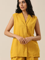 Thumbnail for trueBrowns Mustard Yellow Slub Texture Sleevesless Jacket Pant Set - Distacart