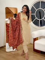 Thumbnail for The52 Women's Gorgeous Viscose Embroidery Straight Kurta with Pant And Dupatta Set