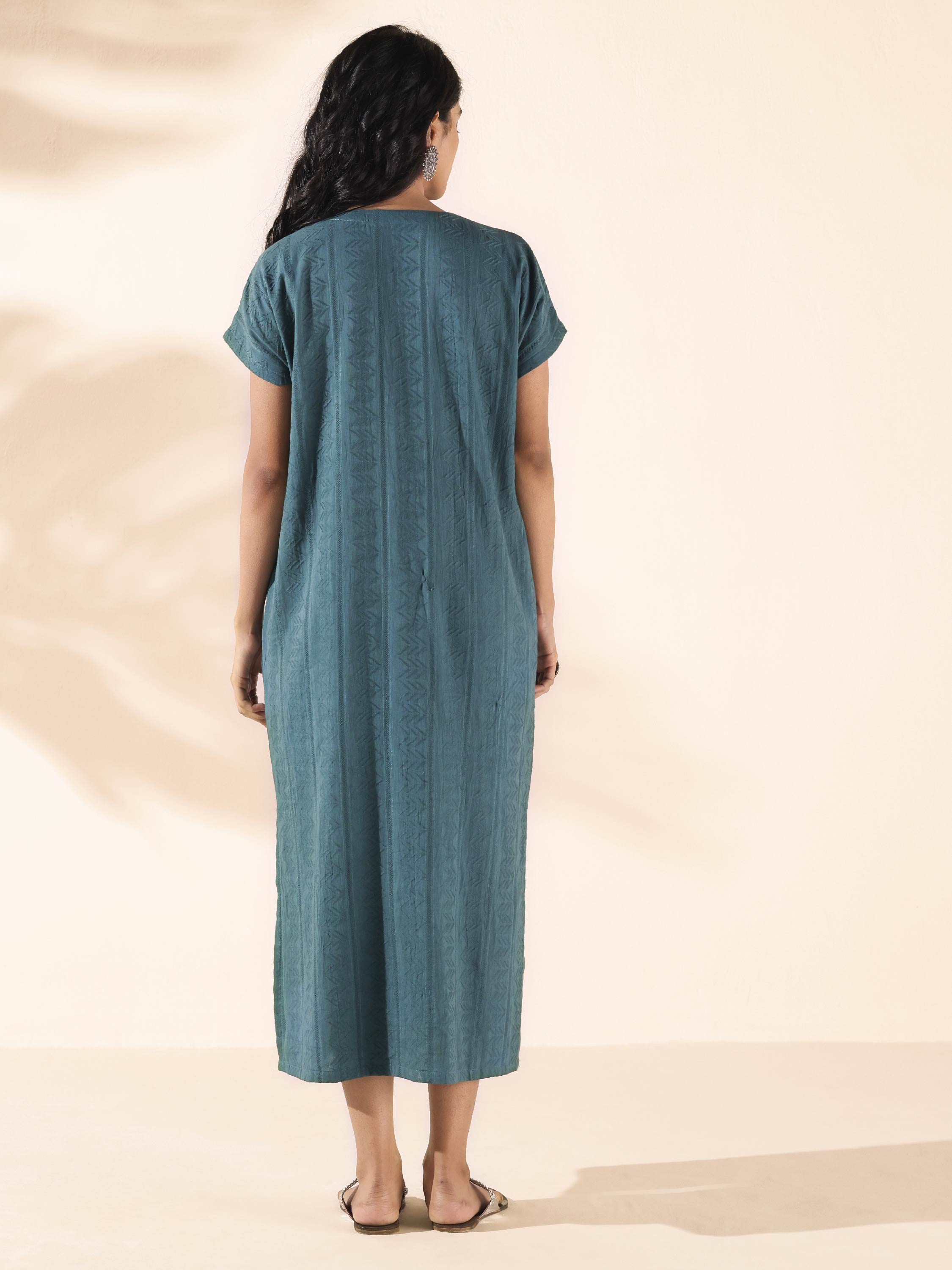 trueBrowns Turquoise Cotton Dobby Dress - Distacart