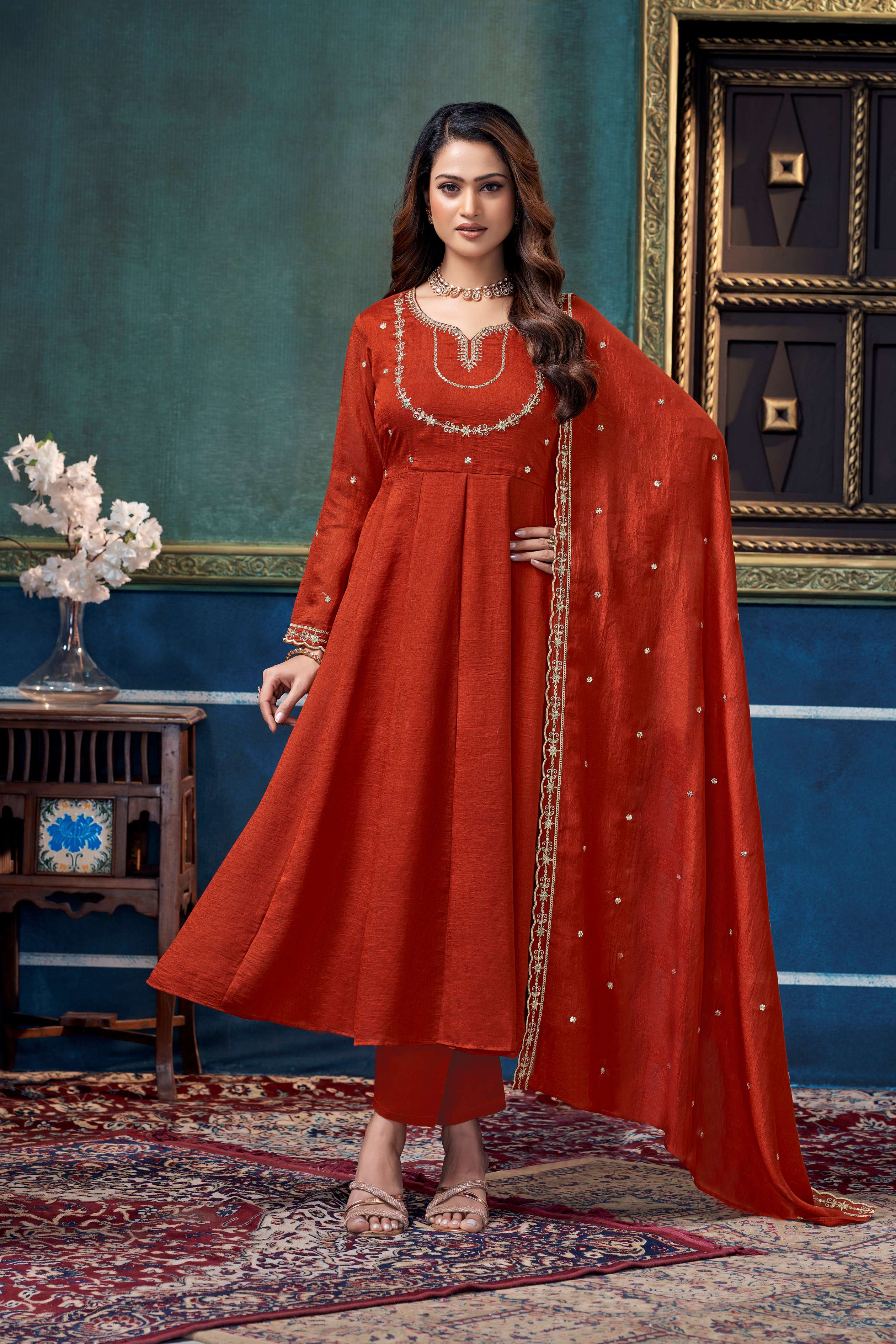 Anaita Rust Anarkali Readymade Suit with Embroidery Work - Dista