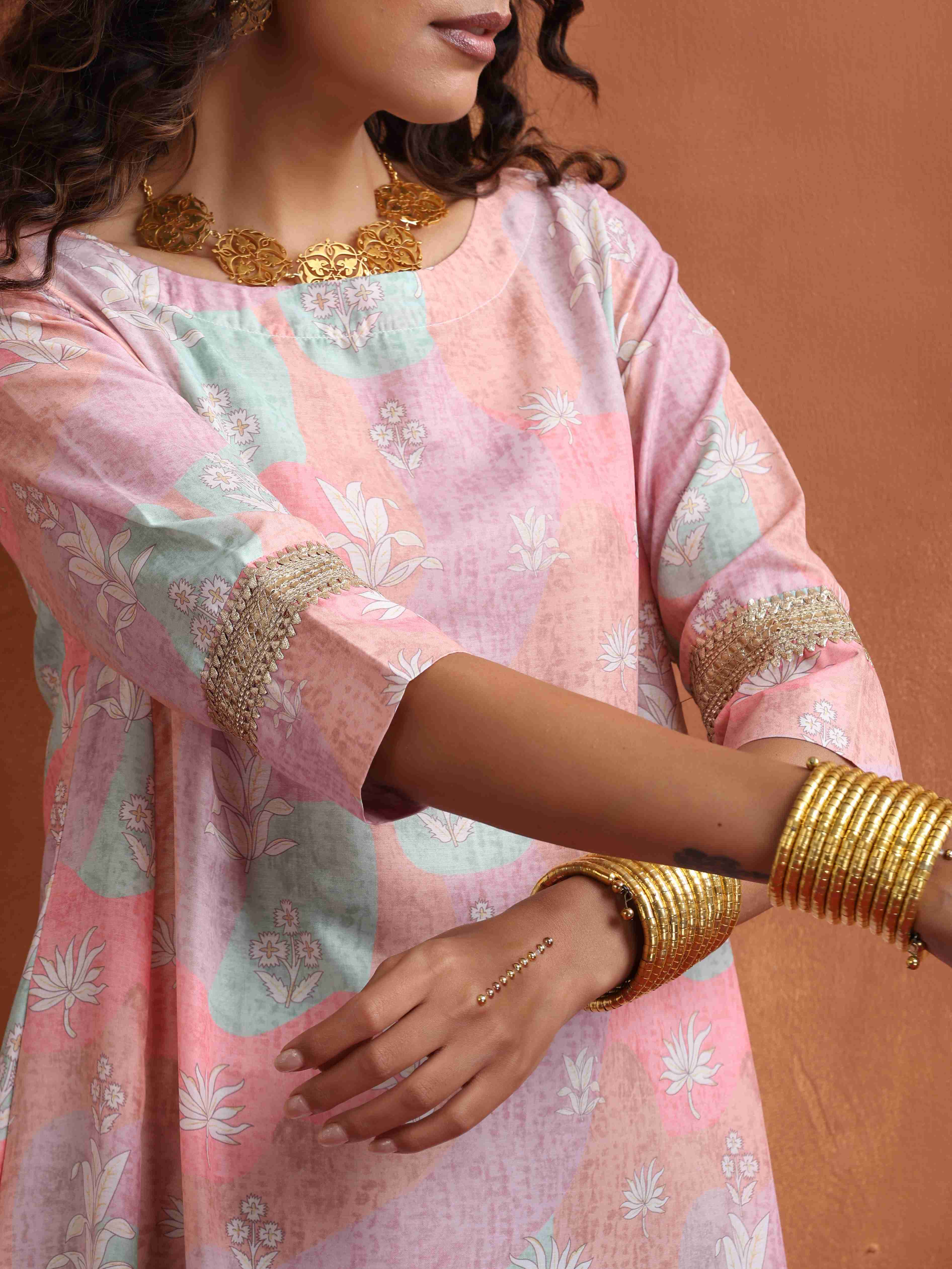 trueBrowns Beige Palm Print A-line Kurta Set - Distacart