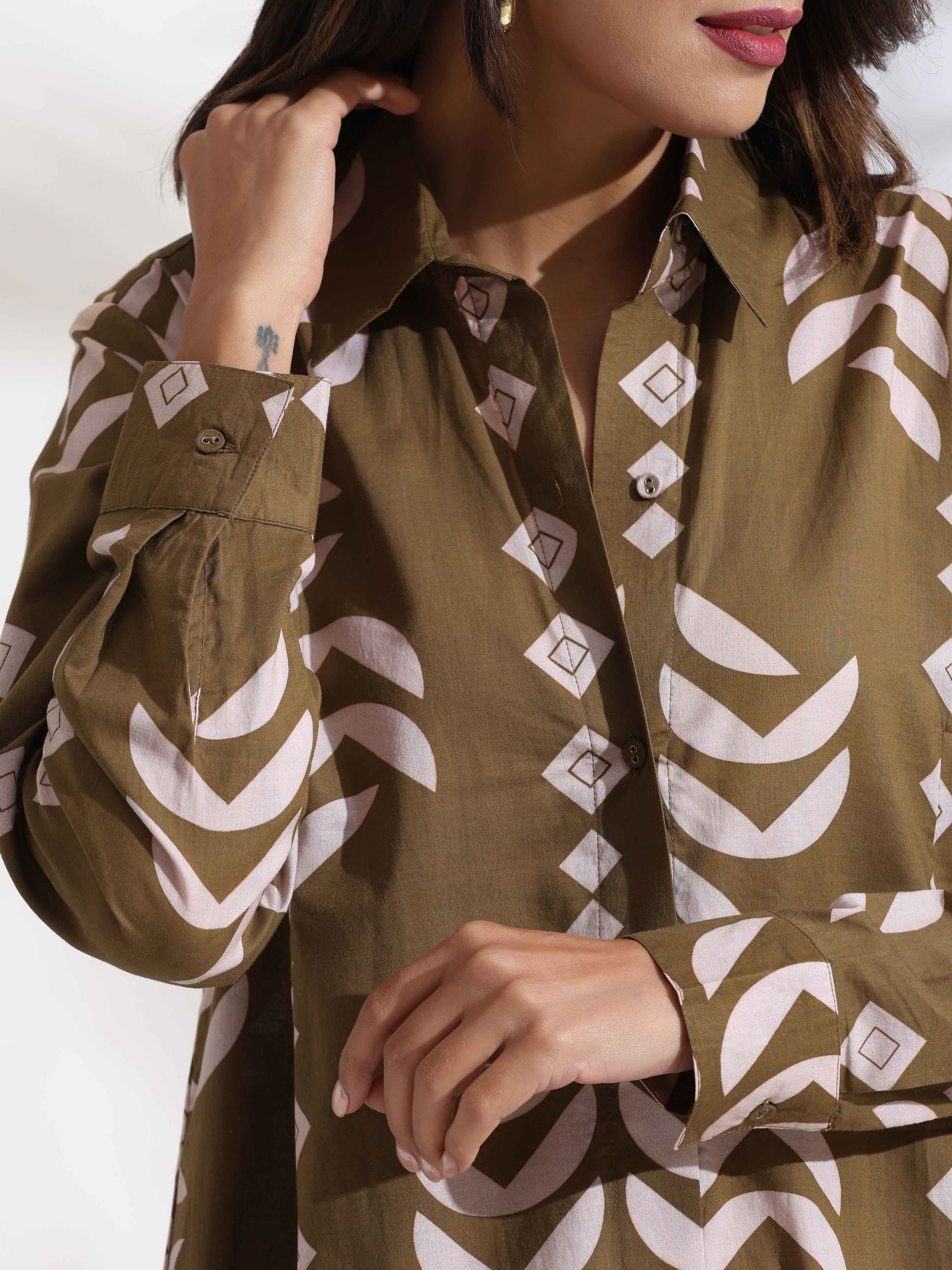 trueBrowns Olive Green Cotton Print Shirt Dress