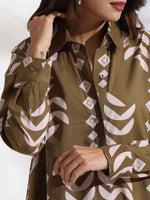 Thumbnail for trueBrowns Olive Green Cotton Print Shirt Dress