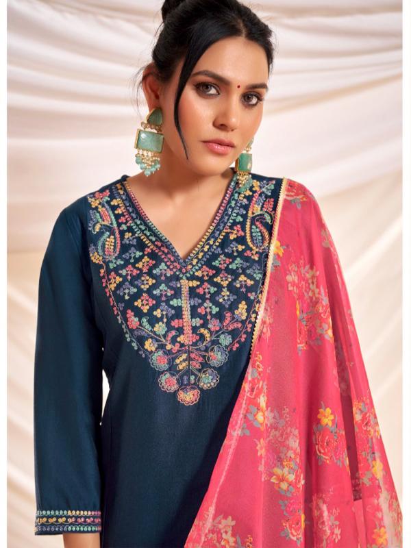 BulBul Women Navy Embellished Premium Silk Straight Suit With Dupatta