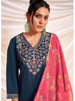 Thumbnail for BulBul Women Navy Embellished Premium Silk Straight Suit With Dupatta