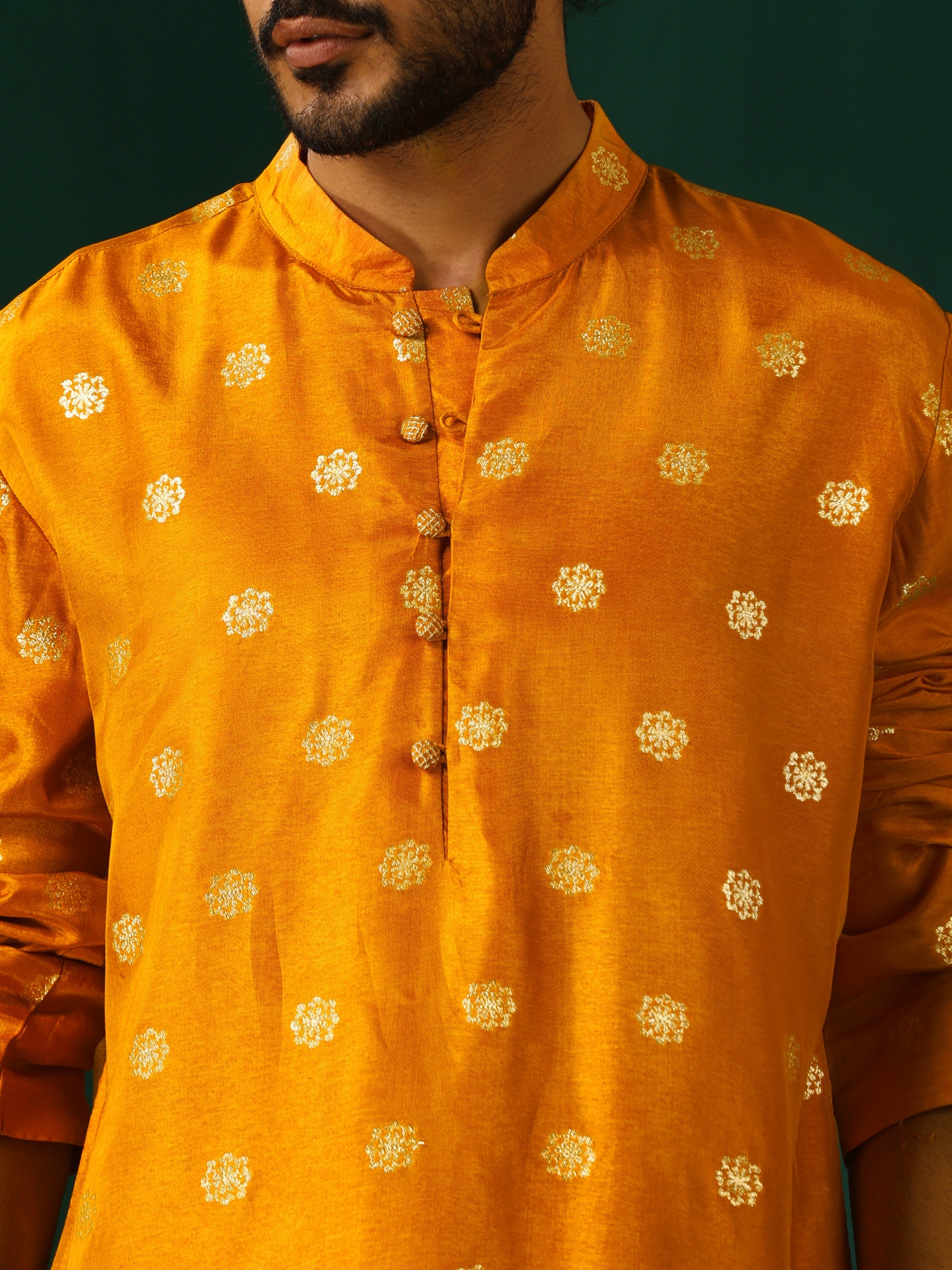 trueBrowns Men's Mustard Geometric Floral Viscose Silk Long Kurta - Distacart
