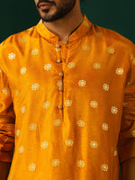 Thumbnail for trueBrowns Men's Mustard Geometric Floral Viscose Silk Long Kurta - Distacart