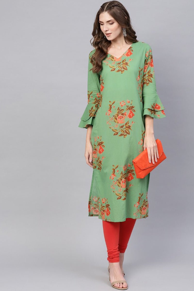 Ahika Regular Wear Cotton Fabric Printed Sea Green Color Simple Kurti - Distacart