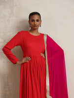Thumbnail for trueBrowns Red Crinkle Anarkali Kurta Pant Dupatta Set - Distacart