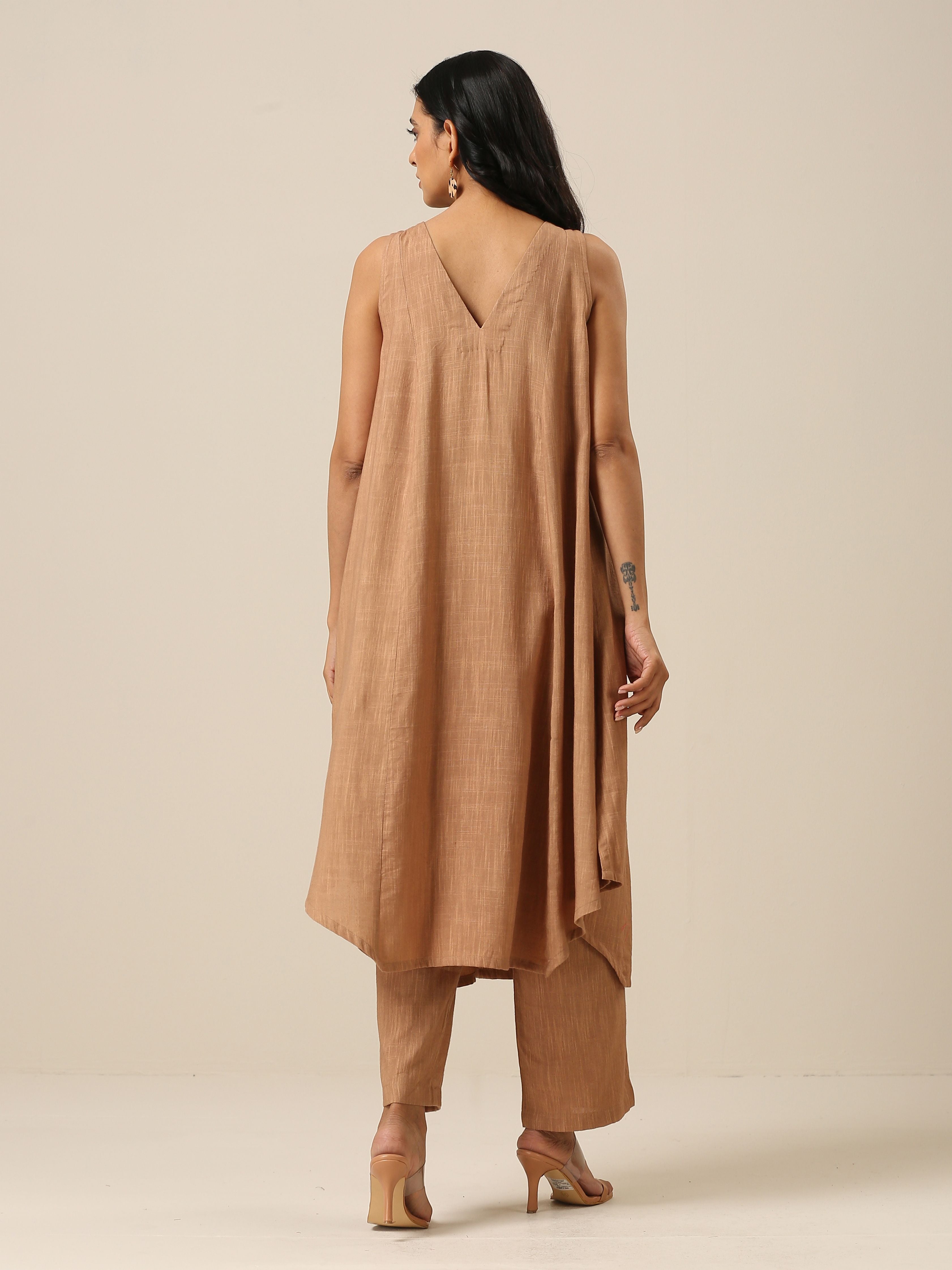 trueBrowns Beige Slub Texture Sleeveless Flared Kurta Pant Set - Distacart