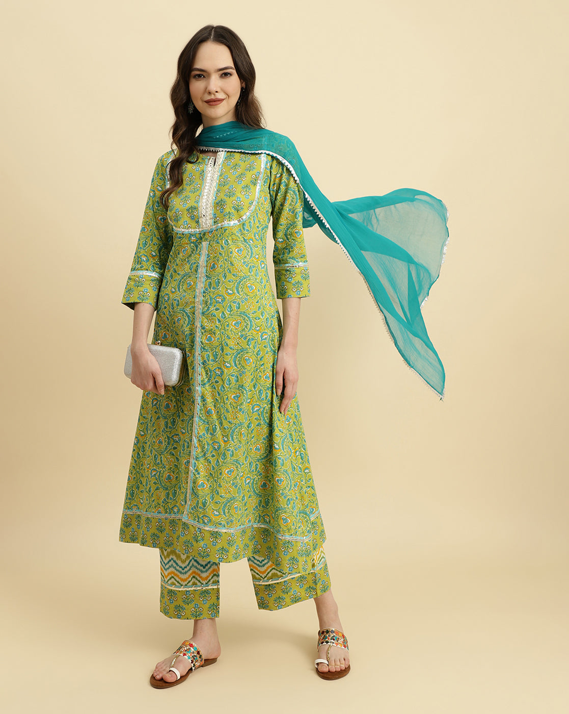 Varanga Green Floral Printed A-Line Kurta Paired With Printed Palazzo And Chiffon Dupatta - Distacart