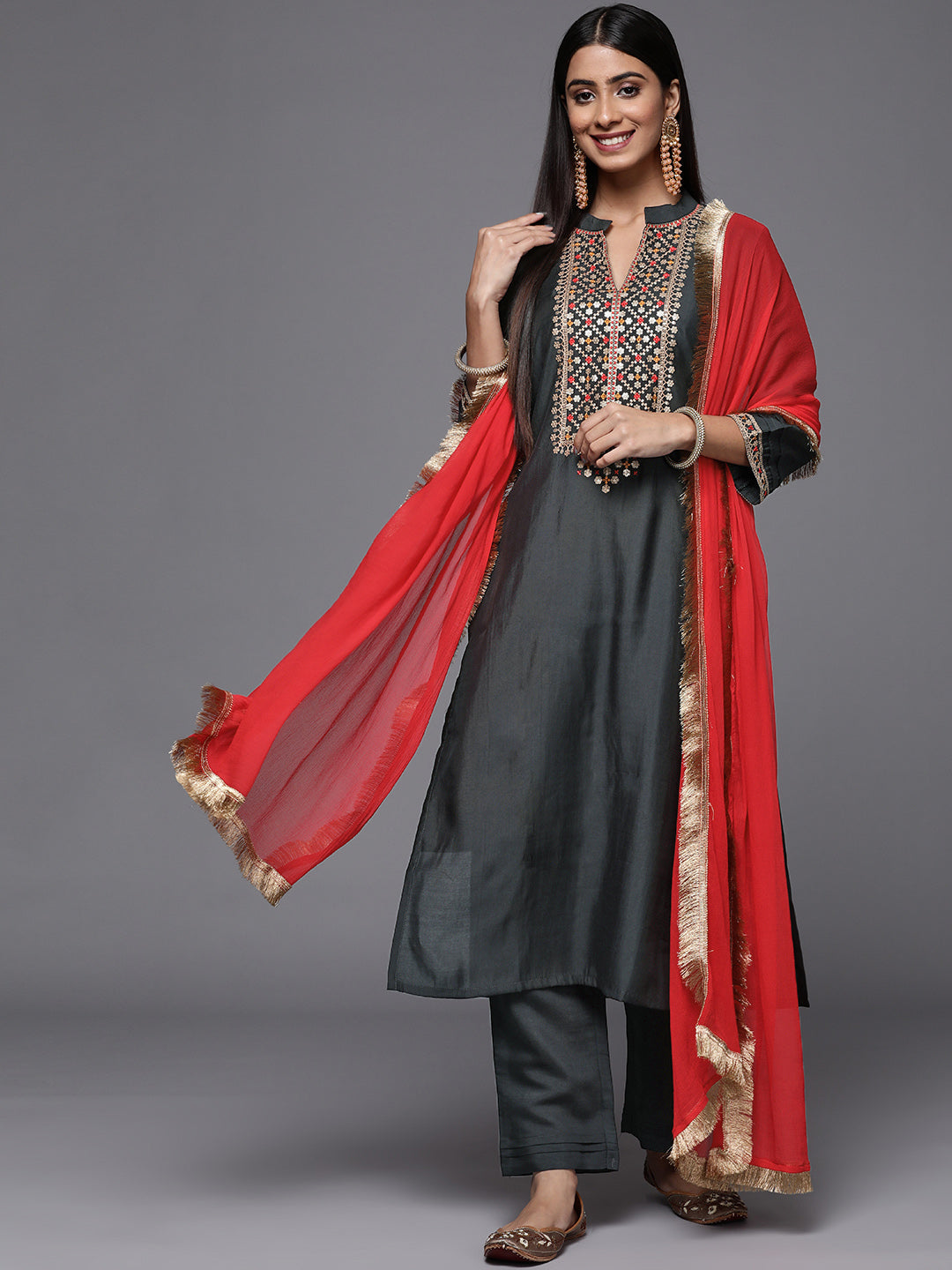 Varanga Grey Embroidered Kurta Paired With Tonal Bottom And Contrast Dupatta - Distacart