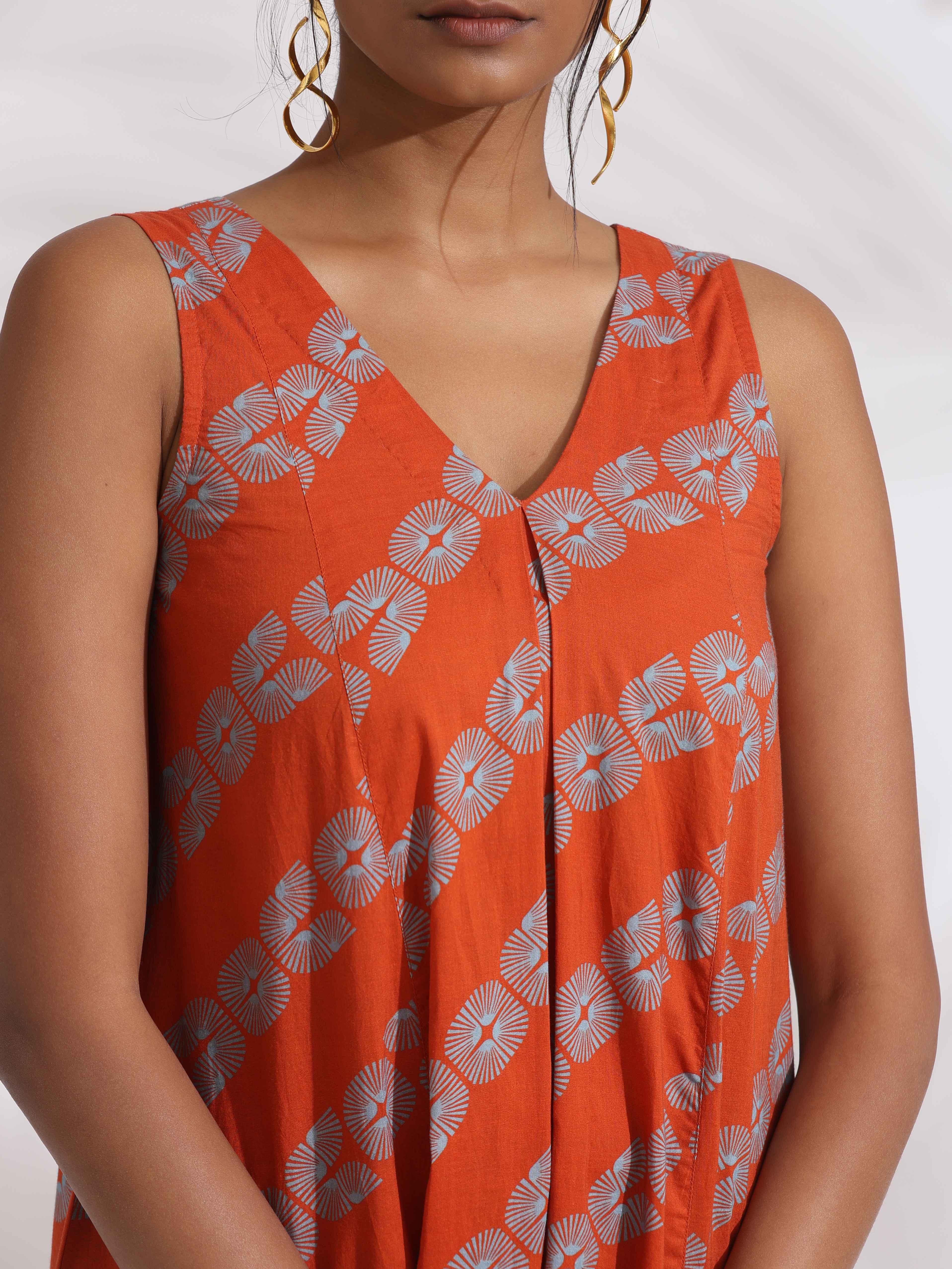 trueBrowns Orange Cotton Print Sleeveless Kurta Set
