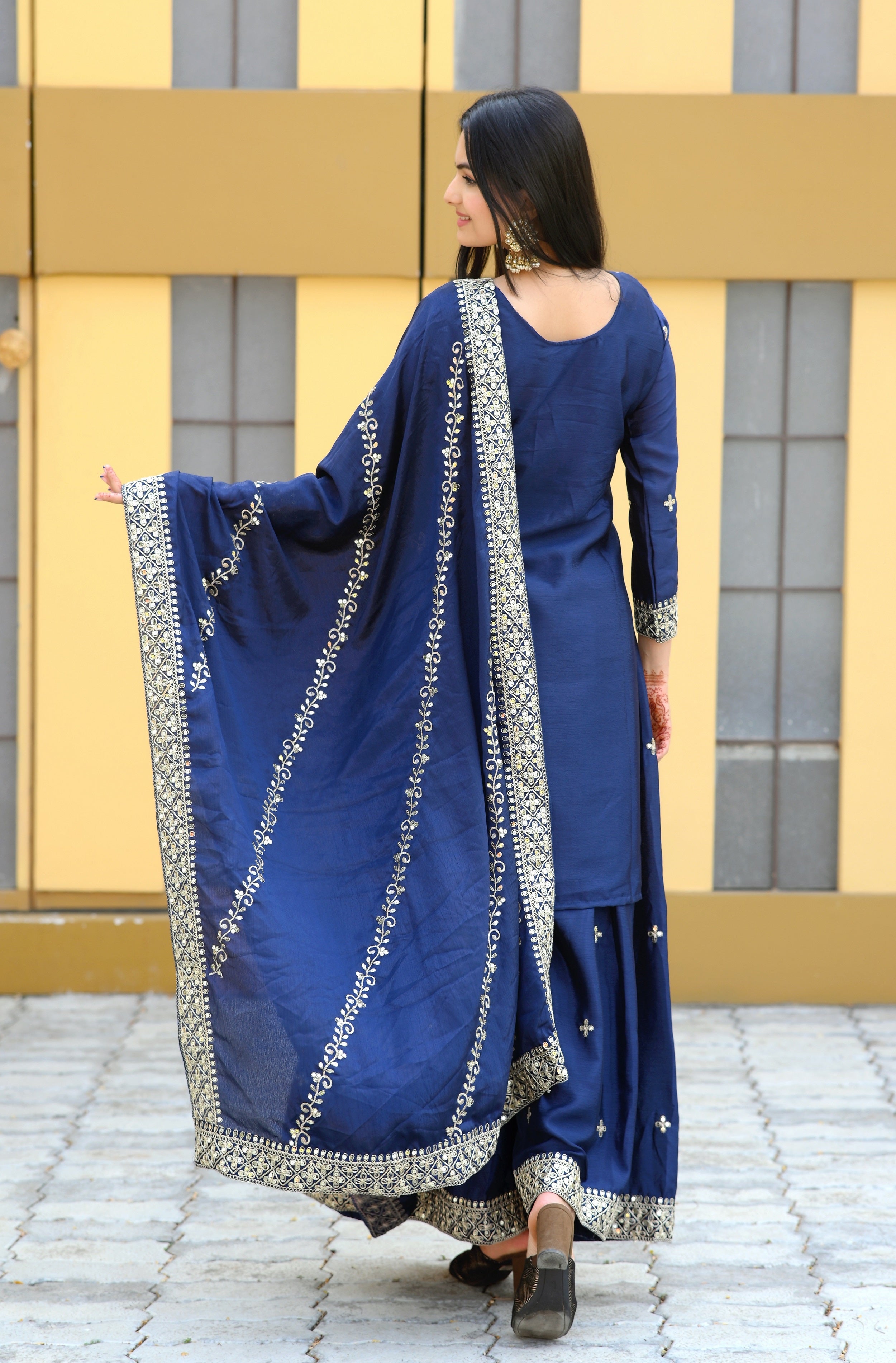 Teeya Creation Blue Color Chinon Silk Heavy Embroidery Work Fully Stitched Salwar Suit - Distacart