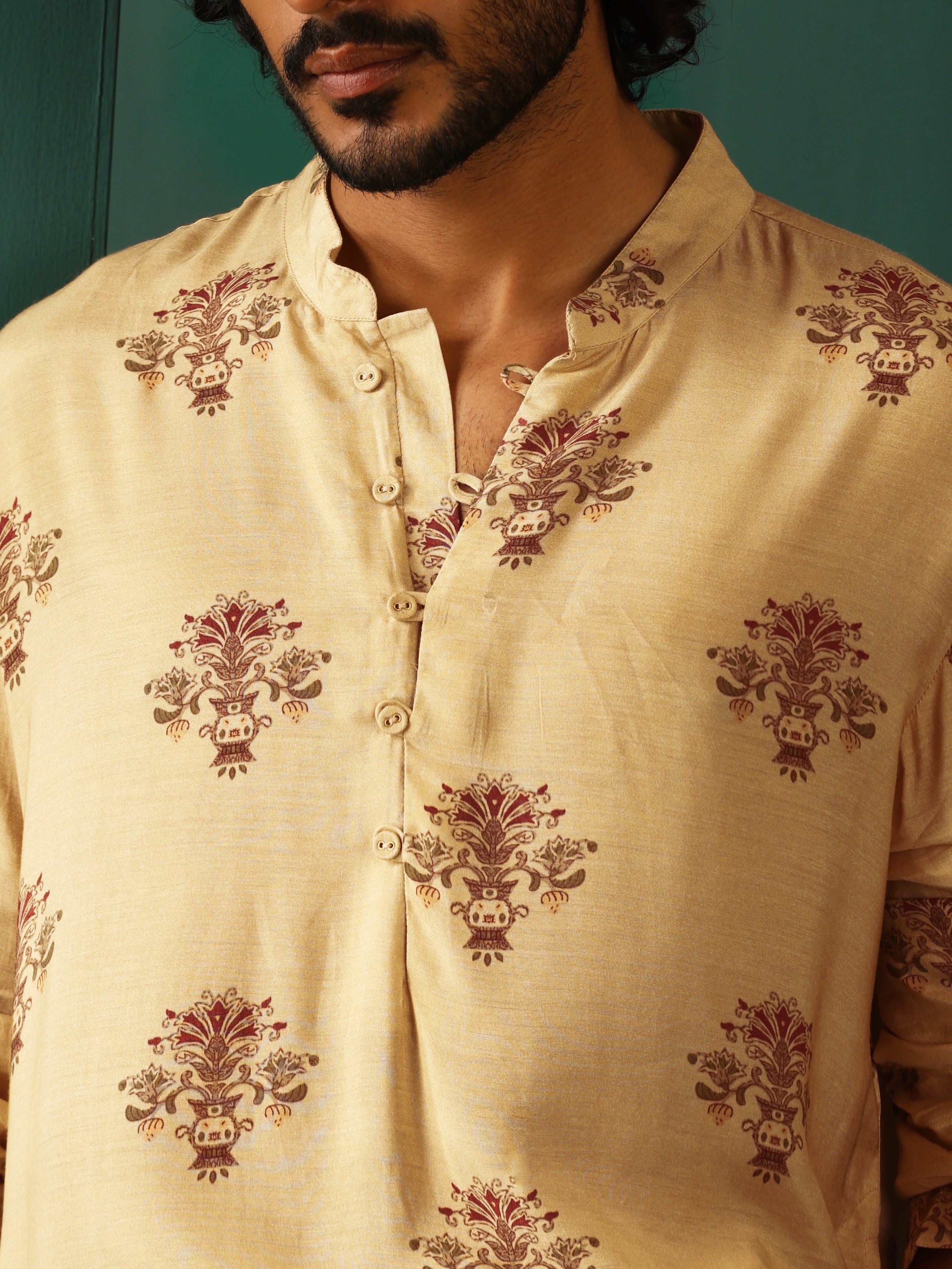 trueBrowns Men's Beige Floral Bunch Muslin Silk Printed Long Kurta - Distacart