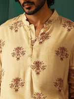 Thumbnail for trueBrowns Men's Beige Floral Bunch Muslin Silk Printed Long Kurta - Distacart