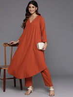 Thumbnail for Varanga Women Rust Empire Gathered Details A-Line Kurta Paired With Tonal Bottom - Distacart