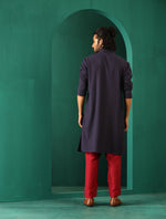 Thumbnail for trueBrowns Men's Navy Dobby Textured Kurta - Distacart
