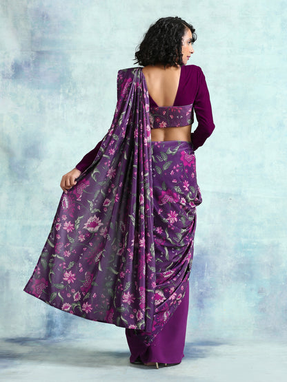 trueBrowns Wine Printed Velvet Ready to Wear Saree - Distacart