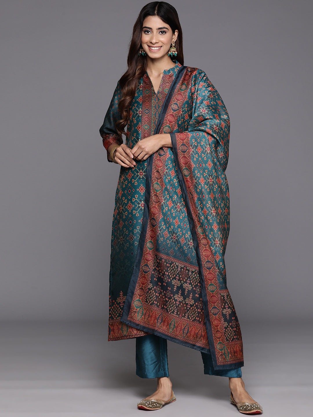 Varanga Women Patola Printed, Teal & Beige Mandrin Collar ,Straight Kurta With Solid Bottom And Printed Dupatta - Distacart