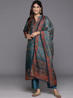 Thumbnail for Varanga Women Patola Printed, Teal & Beige Mandrin Collar ,Straight Kurta With Solid Bottom And Printed Dupatta