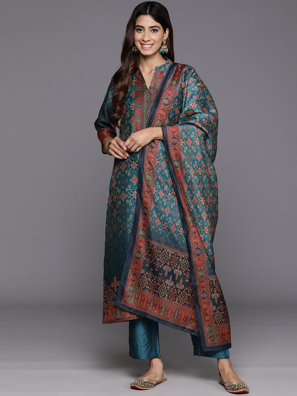 Varanga Women Patola Printed, Teal & Beige Mandrin Collar ,Straight Kurta With Solid Bottom And Printed Dupatta