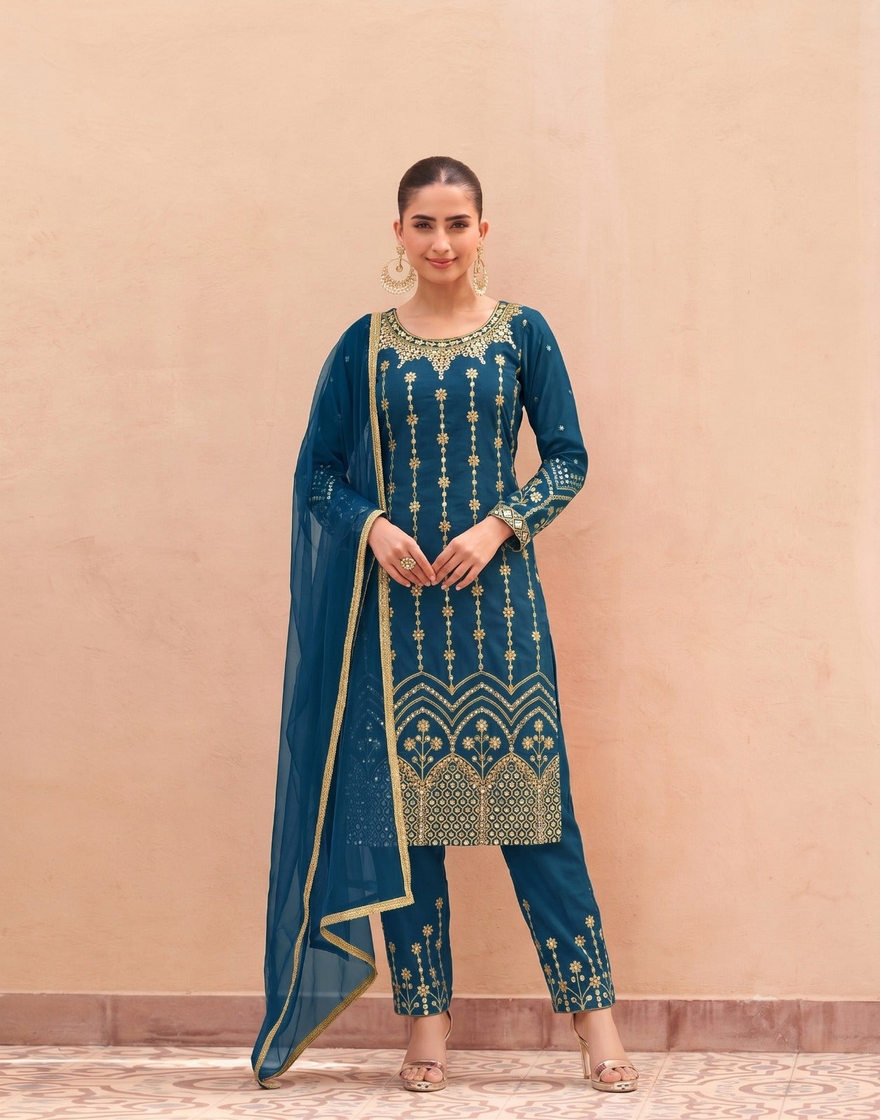 Anaita Teal Silk Unstitched Suit with Embroidery & Real Mirror Work - Dista