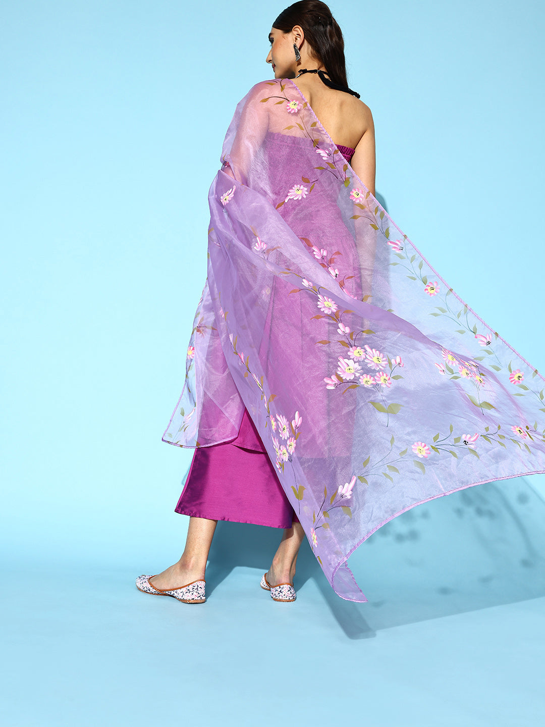 InWeave Purple Off Shoulder Silk Kurta Set -Mauve Hand Painted Dupatta
