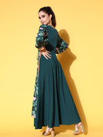 Thumbnail for Ahalyaa Green Crepe Puff Sleeves Floral Printed Maxi Ethnic Dress with Waist Tie-Ups - Distacart