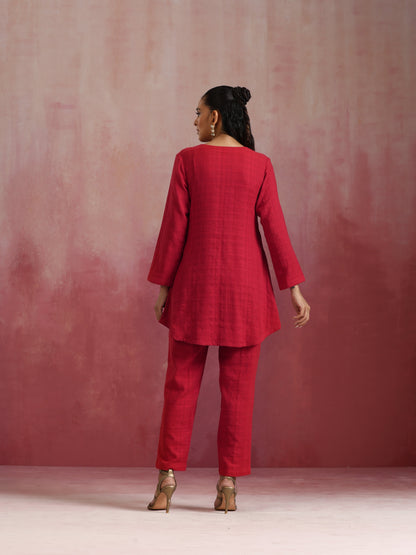 trueBrowns Red Cotton Dobby Kurta Co-ord set - Distacart