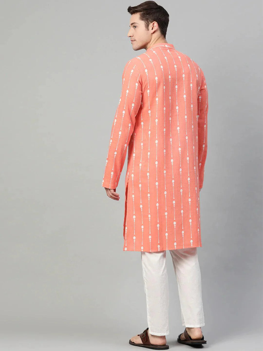 Fabmade Peach & White Printed Straight Kurta With Pyjama For Men