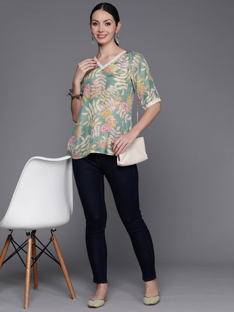 Ahalyaa Floral Printed Tunic with Lace Inserts Detail - Distacart