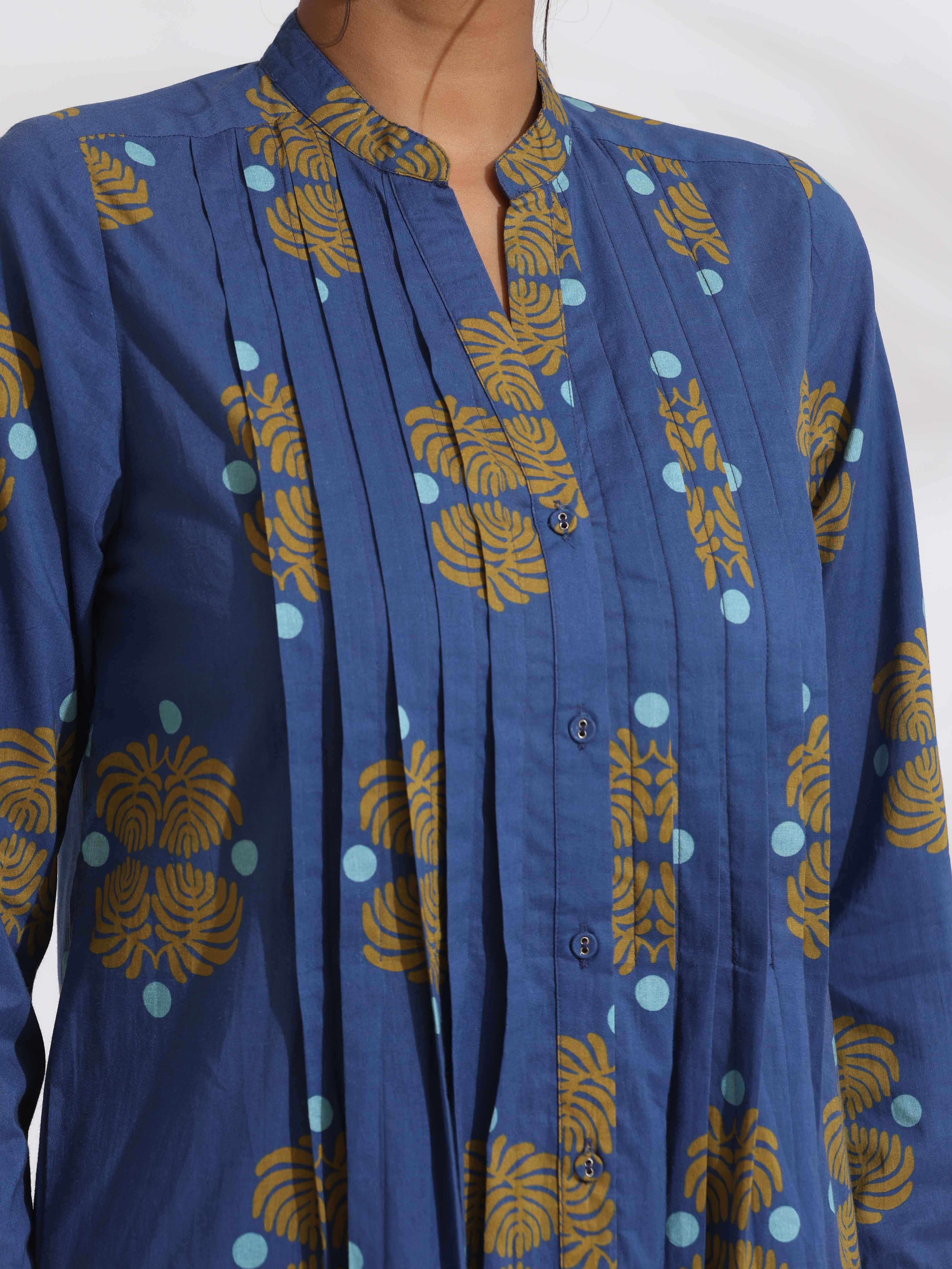 trueBrowns Blue Cotton Print Pleated Kurta Set
