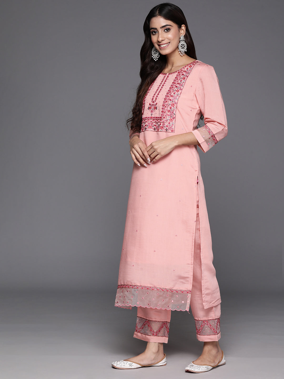 Varanga Women Peach Embroidered Straight Kurta Paired With Tonal Bottom And Organza Embroidered Dupatta - Distacart