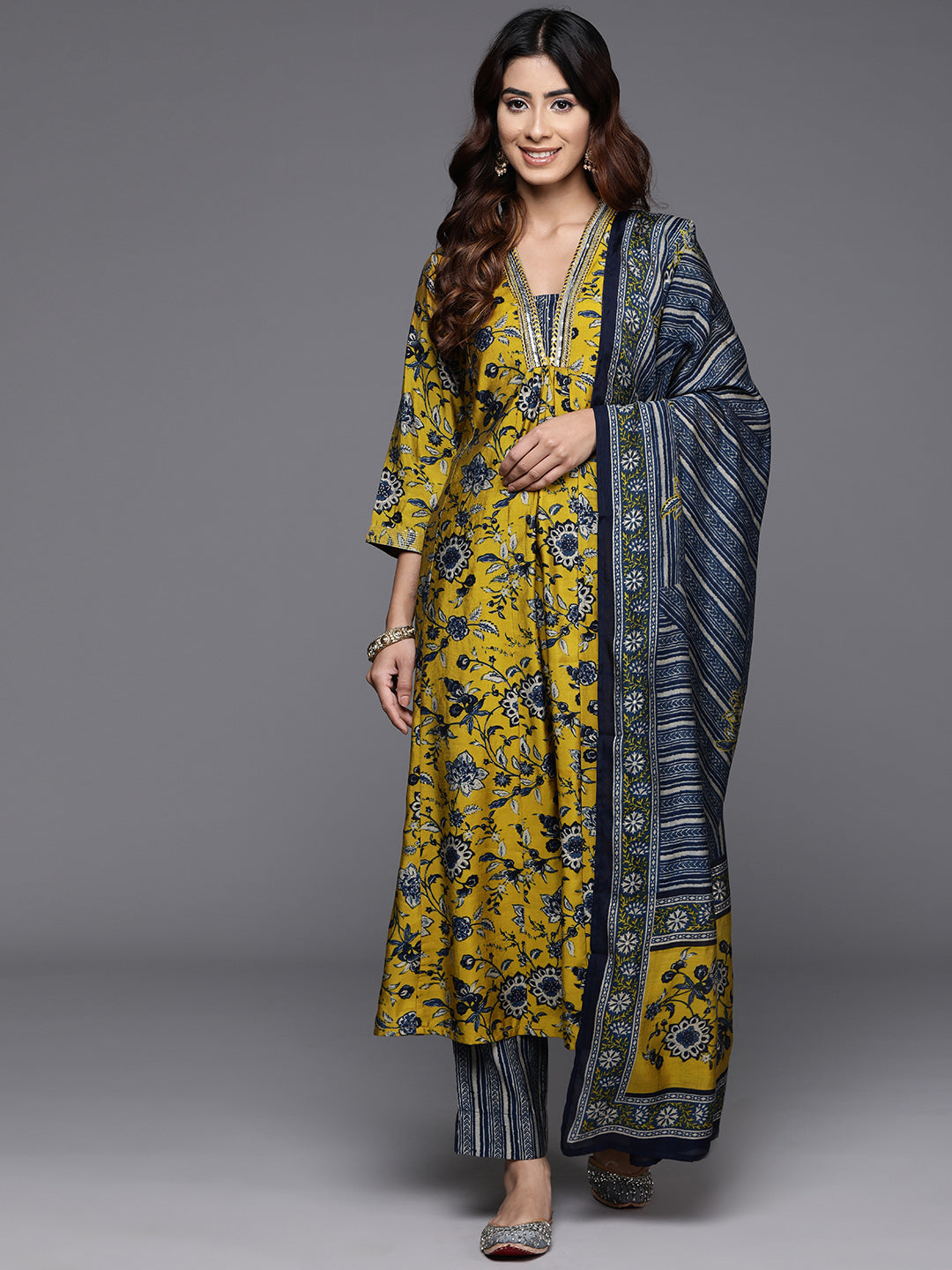 Varanga Women Mustard Floral Printed Embellished Kurta With Bottom And Dupatta - Distacart