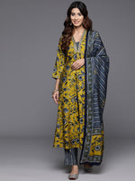 Thumbnail for Varanga Women Mustard Floral Printed Embellished Kurta With Bottom And Dupatta - Distacart