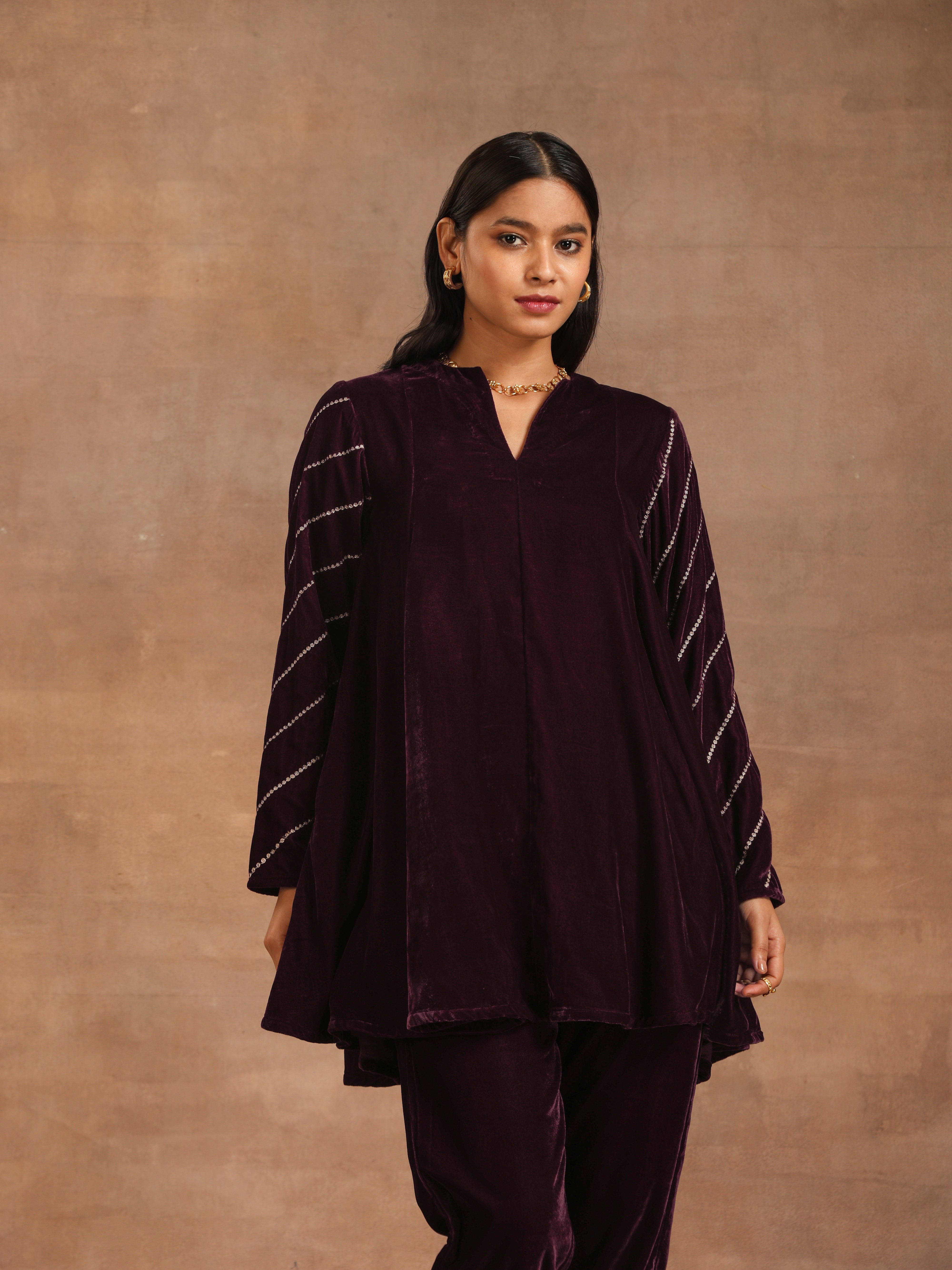 trueBrowns Wine Velvet Sleeve Embroidered Co-ord Set - Distacart
