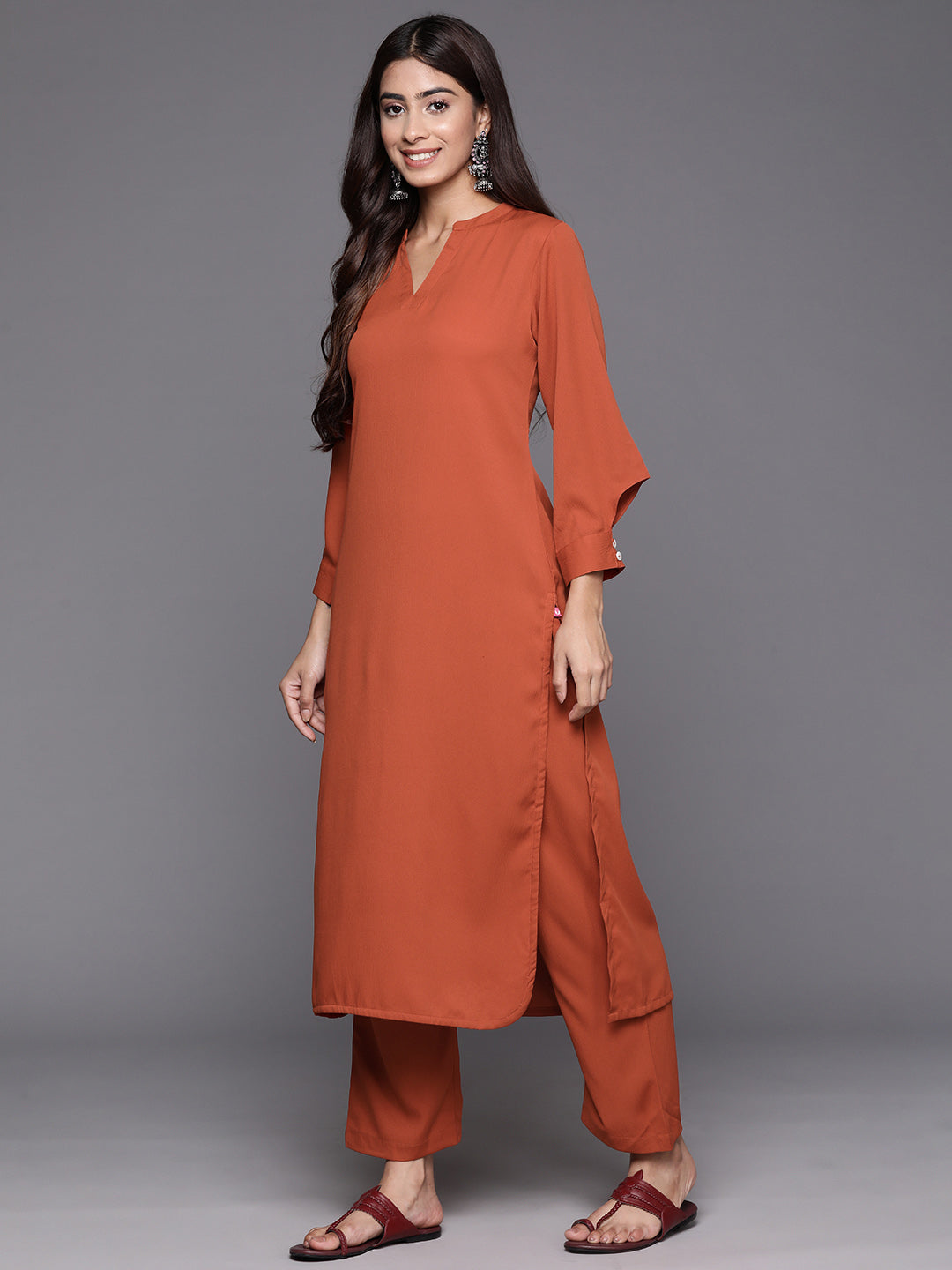 Varanga Women Rust Long Sleeves With Smart Cut Cuff, Straight Kurta Paired With Tonal Solid Bottom - Distacart