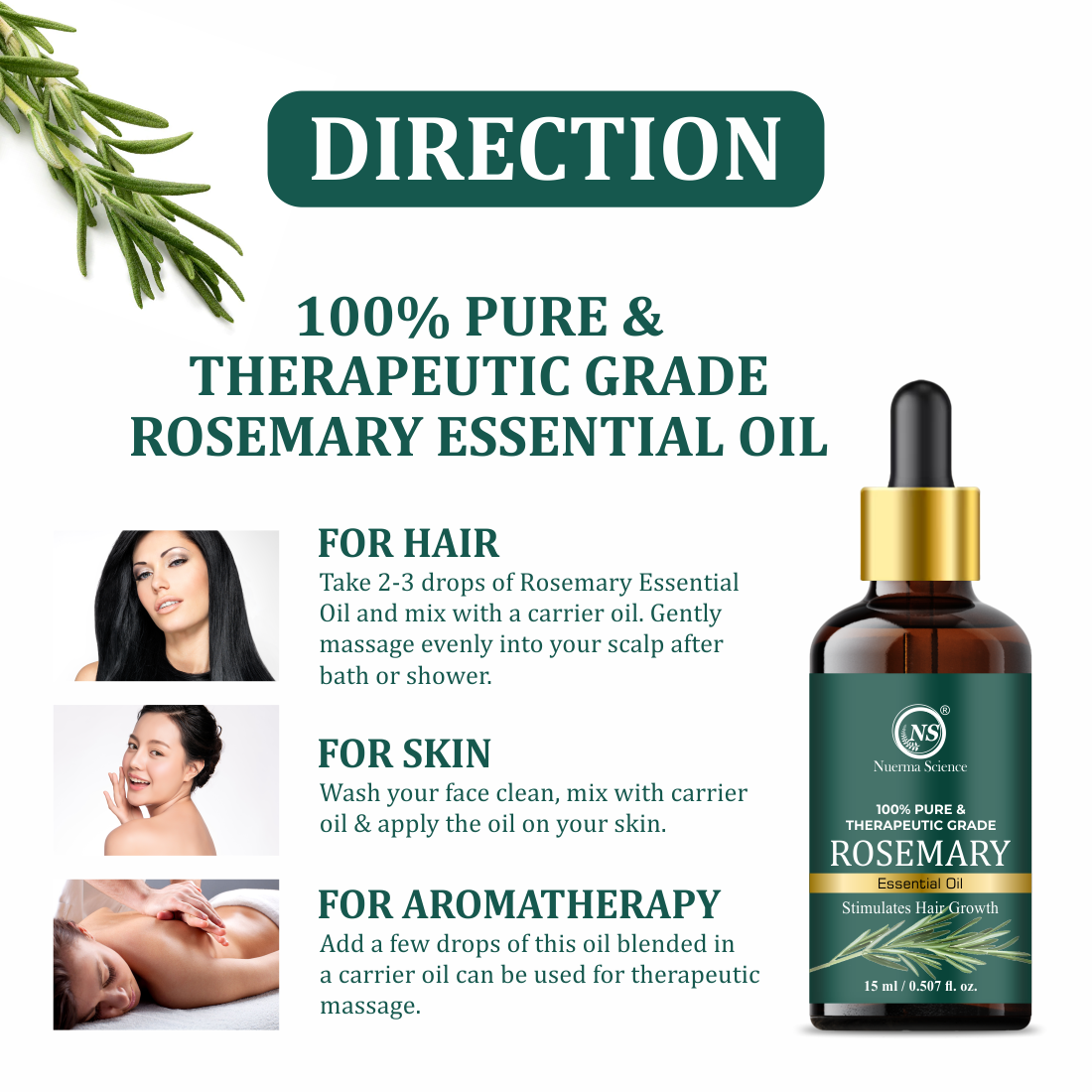 Nuerma Science Rosemary Essential Oil | For Natural Skin Glow & Hair Growth
