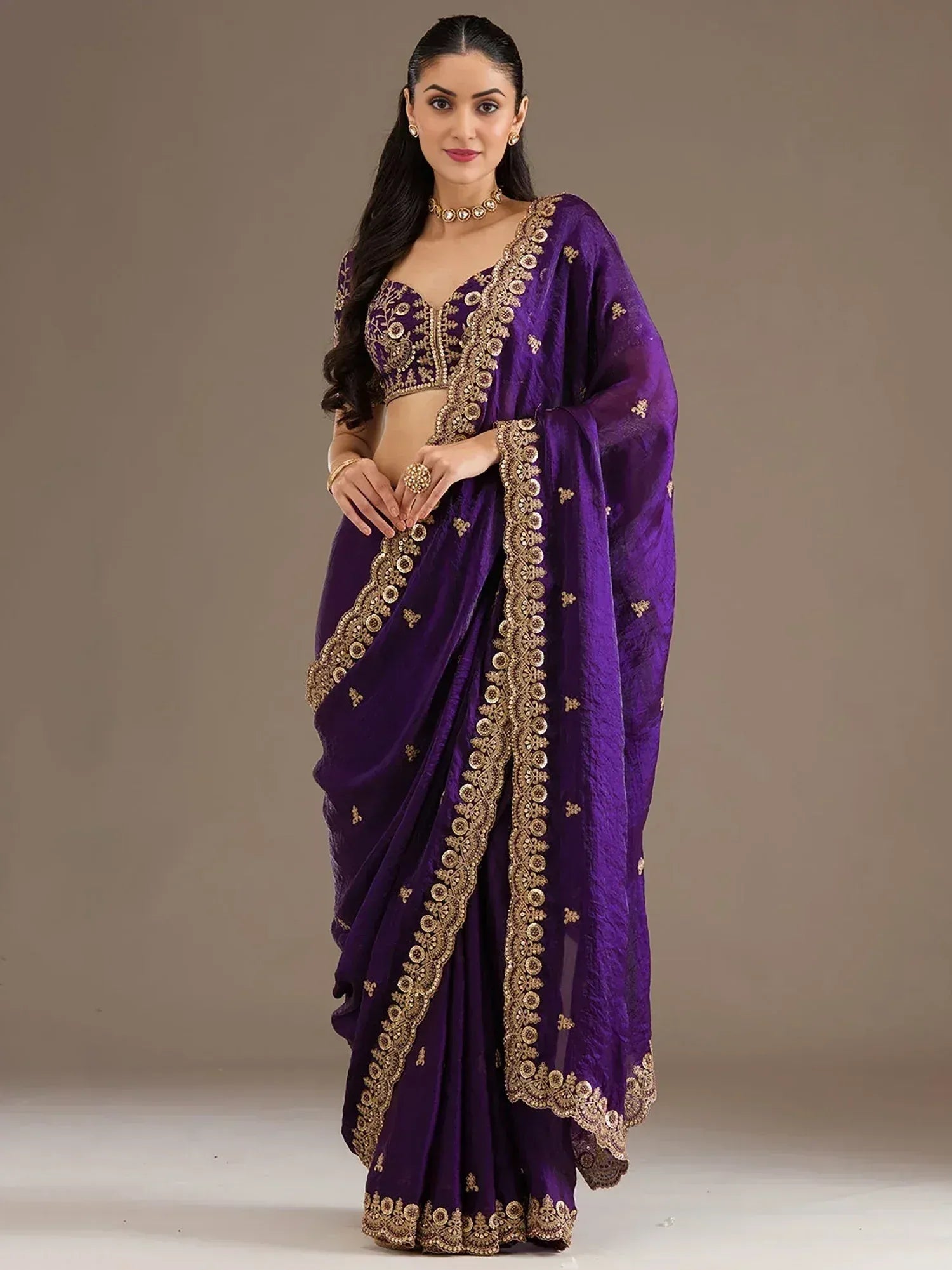 Tulsi Art Beautiful Purple Zari Embroidered Silk Party Wear Saree With Blouse - Dista
